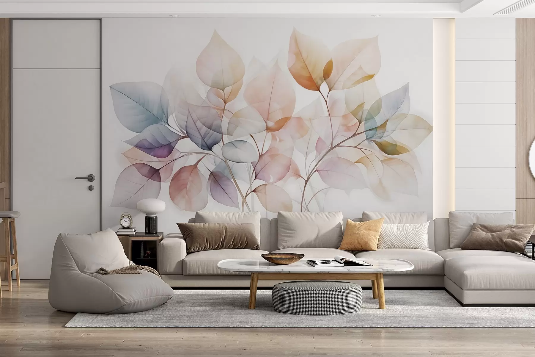 Wall Mural Photo Wallpaper Watercolor painting of translucent leaves in pastel colors, with shades of pink, white, purple, and blue w08910