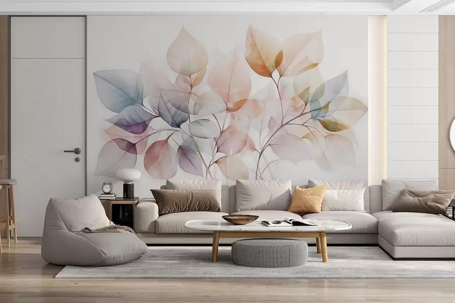 murales Pintura en acuarela de hojas translúcidas en colores pastel, con tonos rosas, blancos, morados y azules w08910