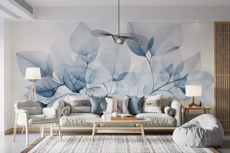 murales Acuarela de hojas translúcidas en colores pastel, con tonos blancos y azules w08910v1