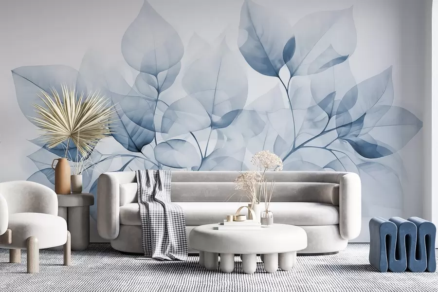 murales Acuarela de hojas translúcidas en colores pastel, con tonos blancos y azules w08910v1