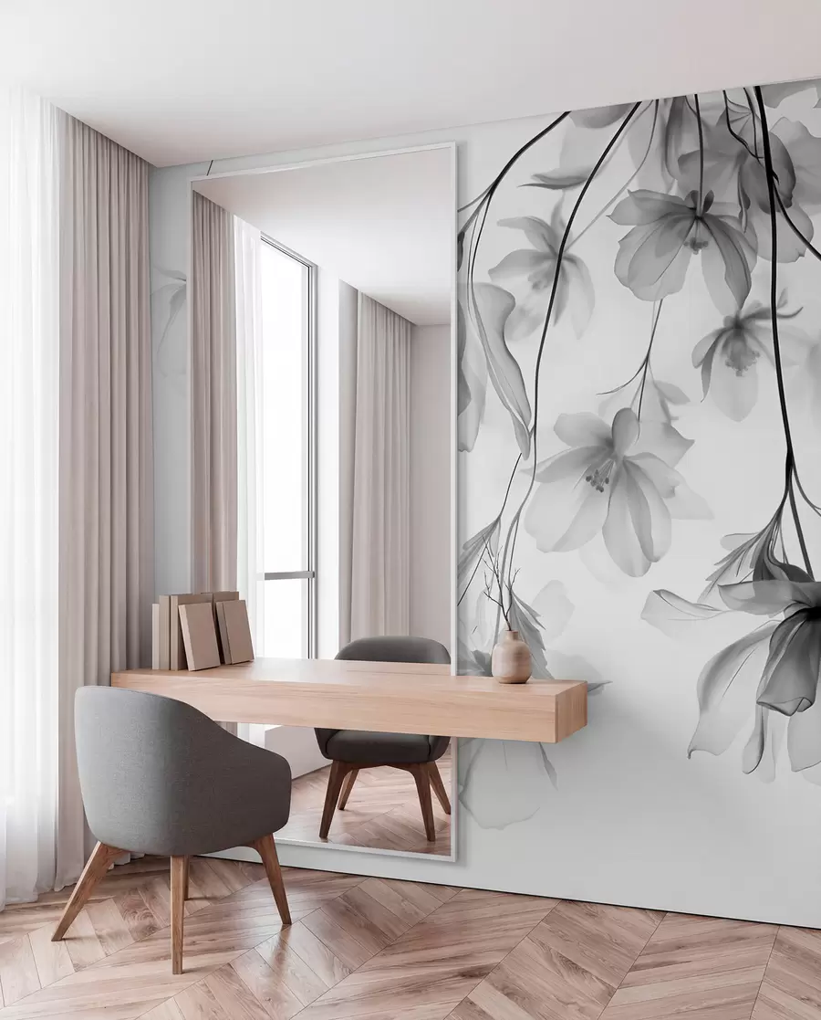 peintures murales Fleurs noires aux pétales translucides suspendues à une branche, noir et blanc, composition d'art moderne minimaliste w08911