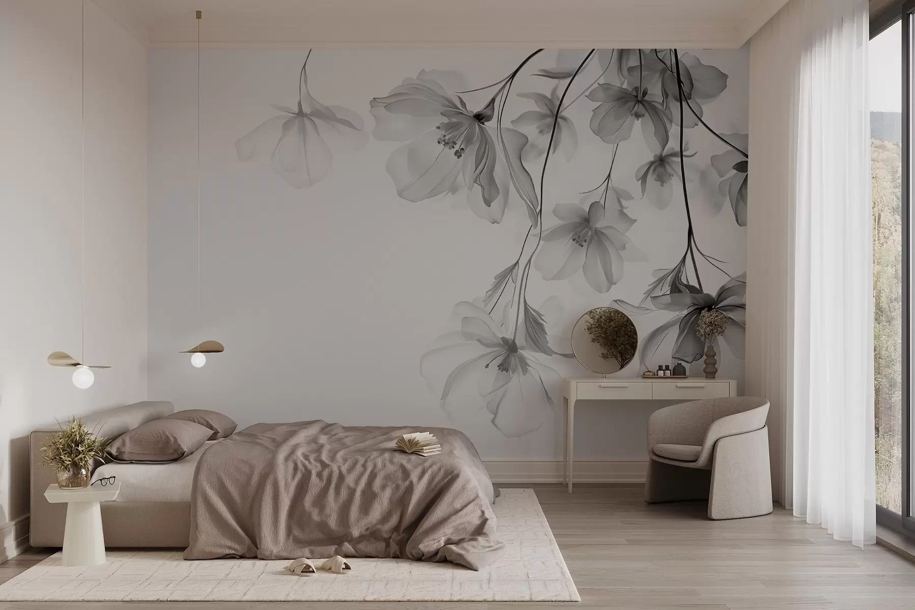 Wall Mural Photo Wallpaper Black flowers with translucent petals hanging from a branch, black and white, minimalist modern art composition w08911