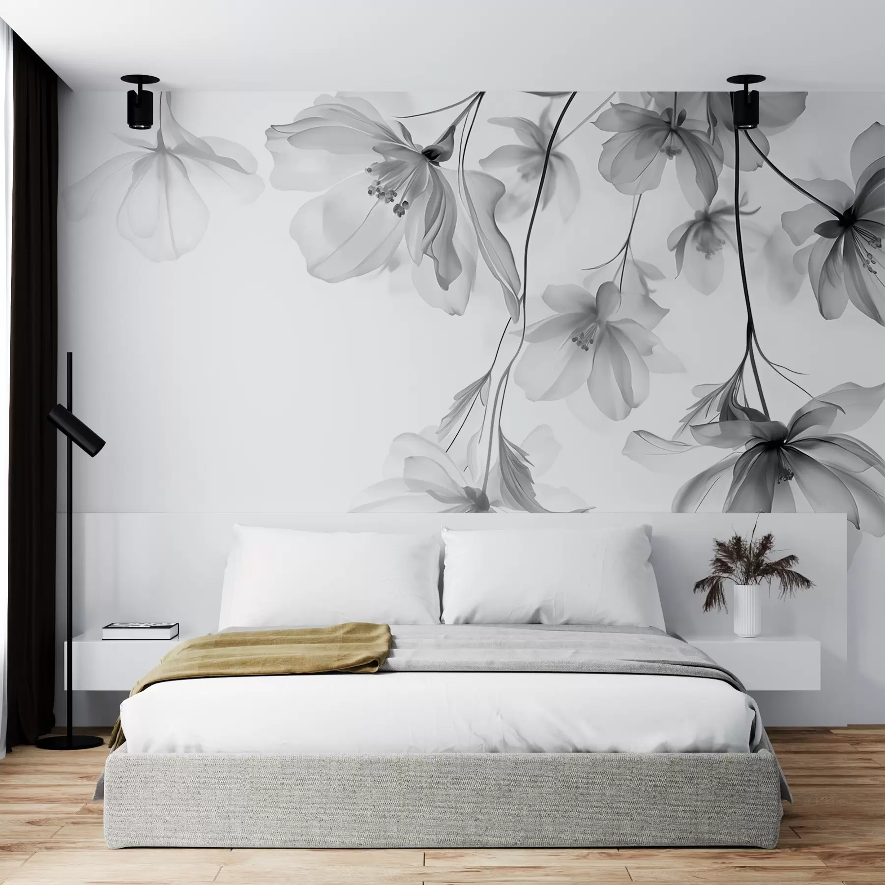 peintures murales Fleurs noires aux pétales translucides suspendues à une branche, noir et blanc, composition d'art moderne minimaliste w08911