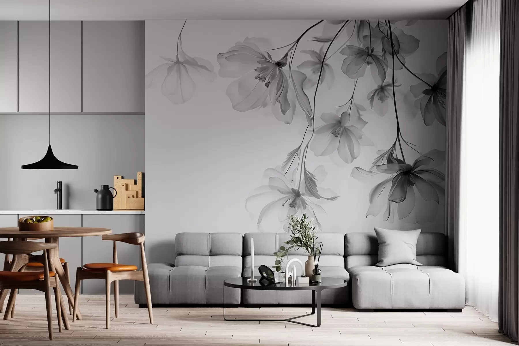 Wall Mural Photo Wallpaper Black flowers with translucent petals hanging from a branch, black and white, minimalist modern art composition w08911