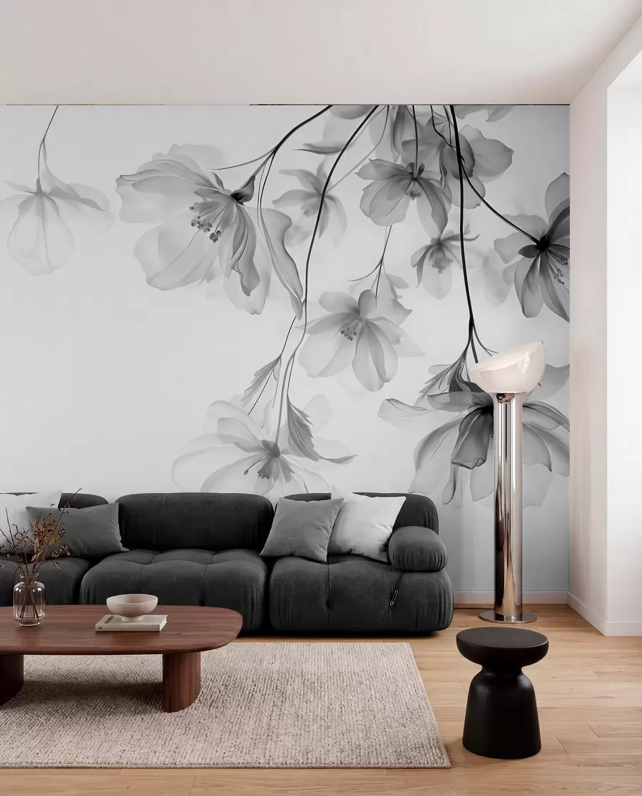 peintures murales Fleurs noires aux pétales translucides suspendues à une branche, noir et blanc, composition d'art moderne minimaliste w08911
