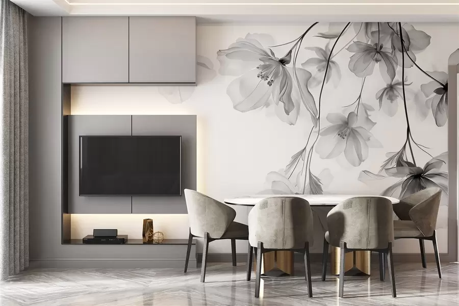 Wall Mural Photo Wallpaper Black flowers with translucent petals hanging from a branch, black and white, minimalist modern art composition w08911