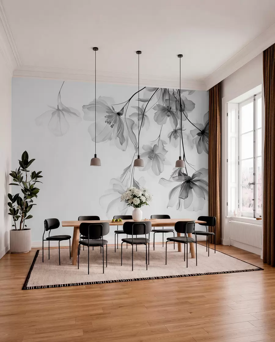 wall murals Black flowers with translucent petals hanging from a branch, black and white, minimalist modern art composition w08911