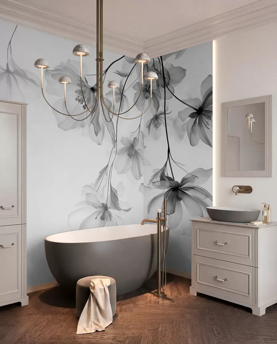 wall murals Black flowers with translucent petals hanging from a branch, black and white, minimalist modern art composition w08911