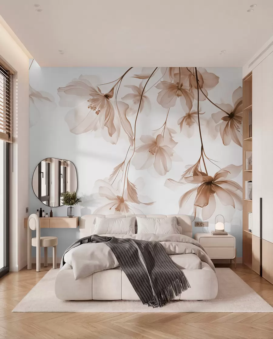 Wall Mural Photo Wallpaper Beige flowers with translucent petals hanging from a branch, beige and white, minimalist modern art composition w08911v1