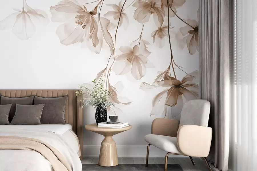 murales Flores beige con pétalos translúcidos colgando de una rama, beige y blanco, composición minimalista de arte moderno w08911v1