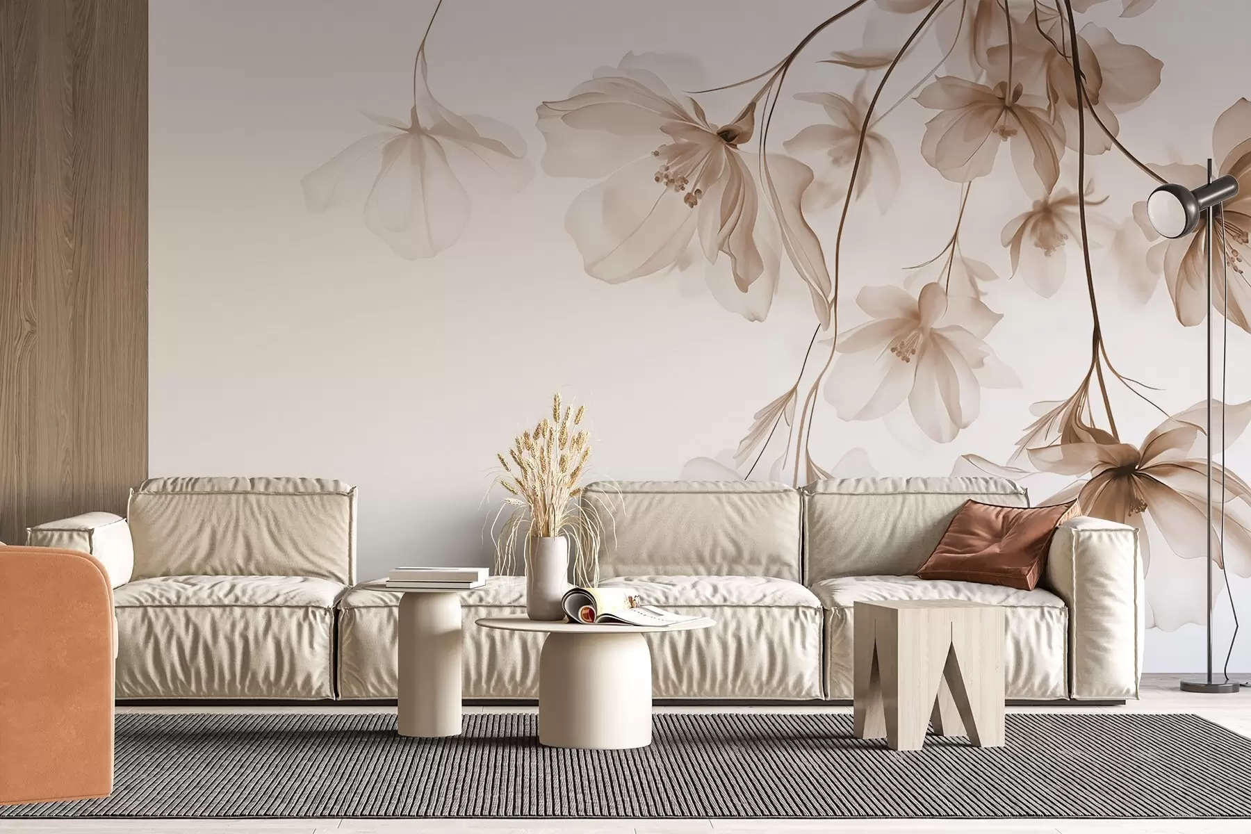 wall murals Beige flowers with translucent petals hanging from a branch, beige and white, minimalist modern art composition w08911v1