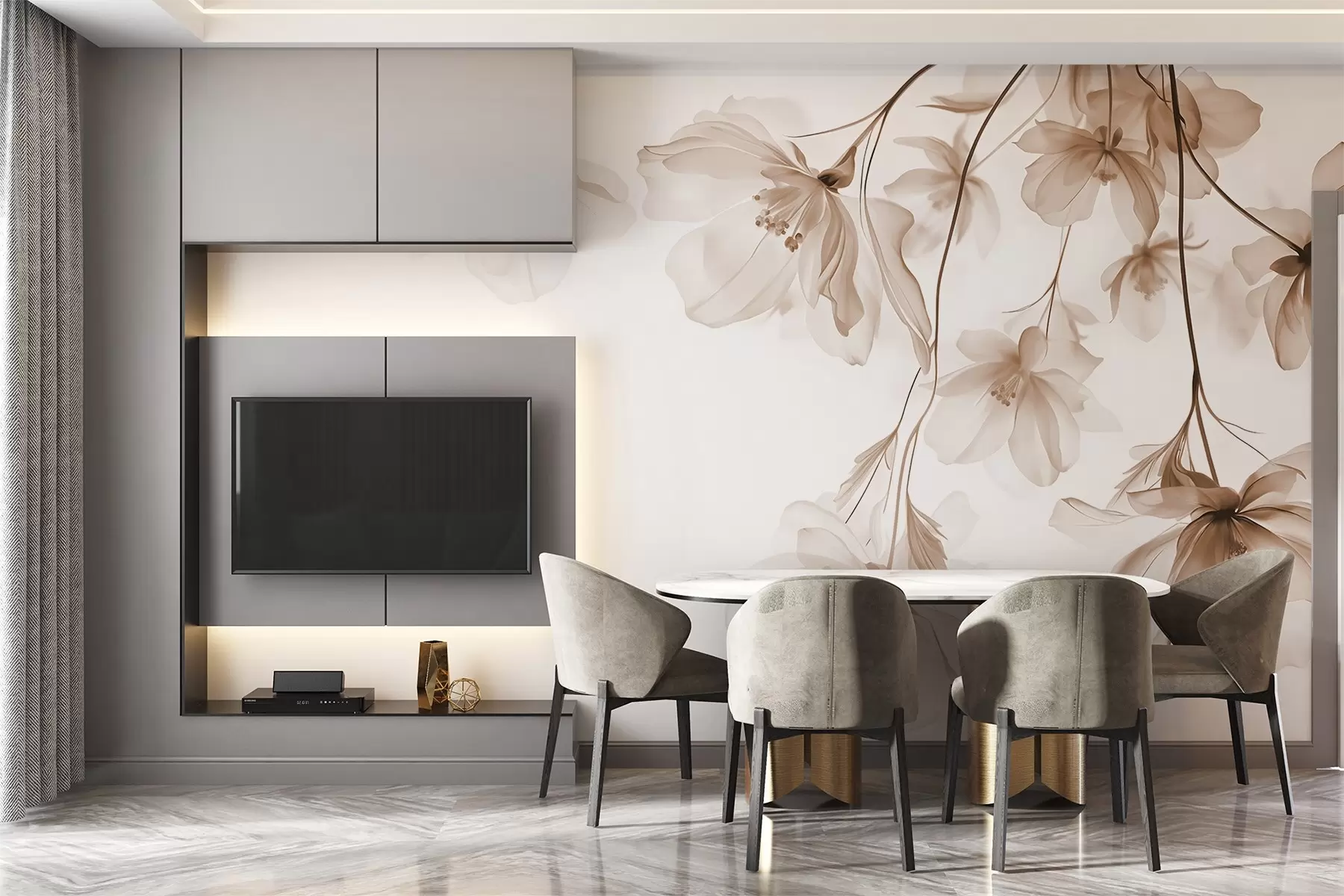 murales Flores beige con pétalos translúcidos colgando de una rama, beige y blanco, composición minimalista de arte moderno w08911v1