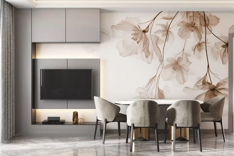 Wall Mural Photo Wallpaper Beige flowers with translucent petals hanging from a branch, beige and white, minimalist modern art composition w08911v1