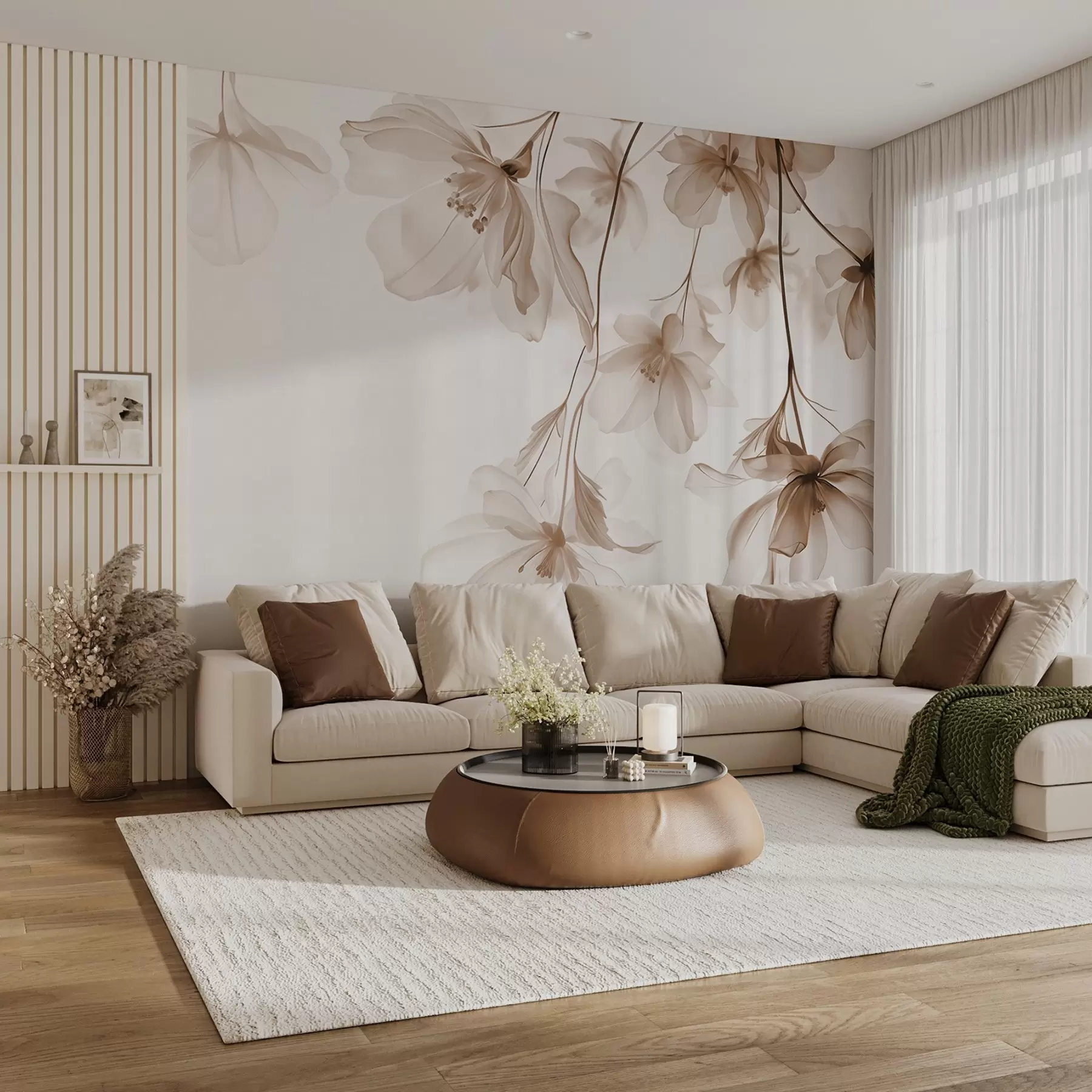 Wall Mural Photo Wallpaper Beige flowers with translucent petals hanging from a branch, beige and white, minimalist modern art composition w08911v1