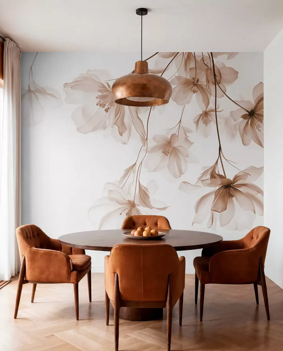 Wall Mural Photo Wallpaper Beige flowers with translucent petals hanging from a branch, beige and white, minimalist modern art composition w08911v1