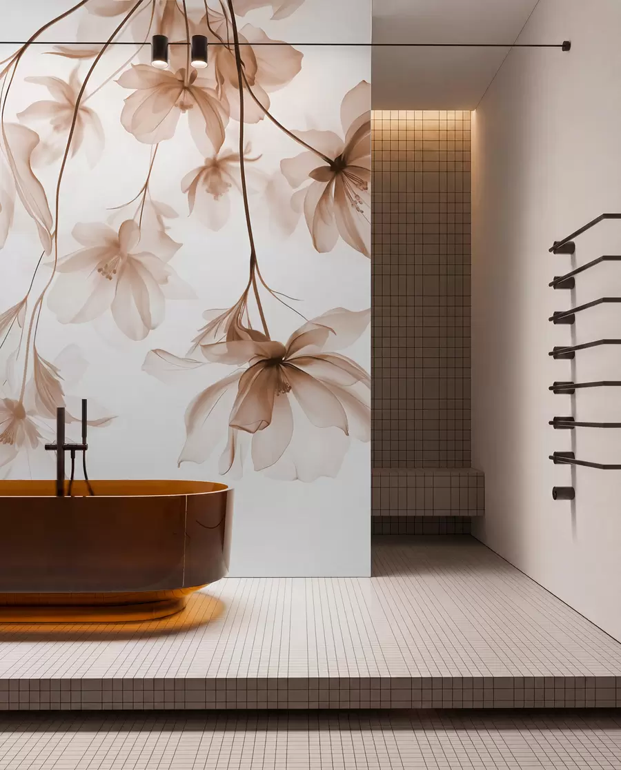 Wall Mural Photo Wallpaper Beige flowers with translucent petals hanging from a branch, beige and white, minimalist modern art composition w08911v1