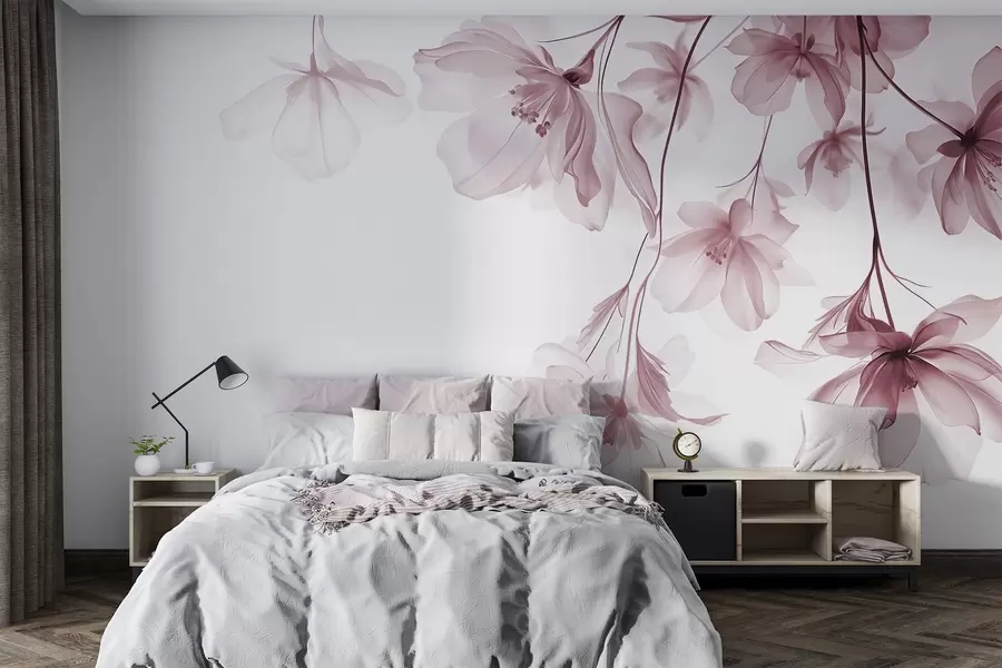 murais de parede Flores cor-de-rosa com pétalas translúcidas penduradas num ramo, cor-de-rosa e branco, composição de arte moderna minimalista w08911v2