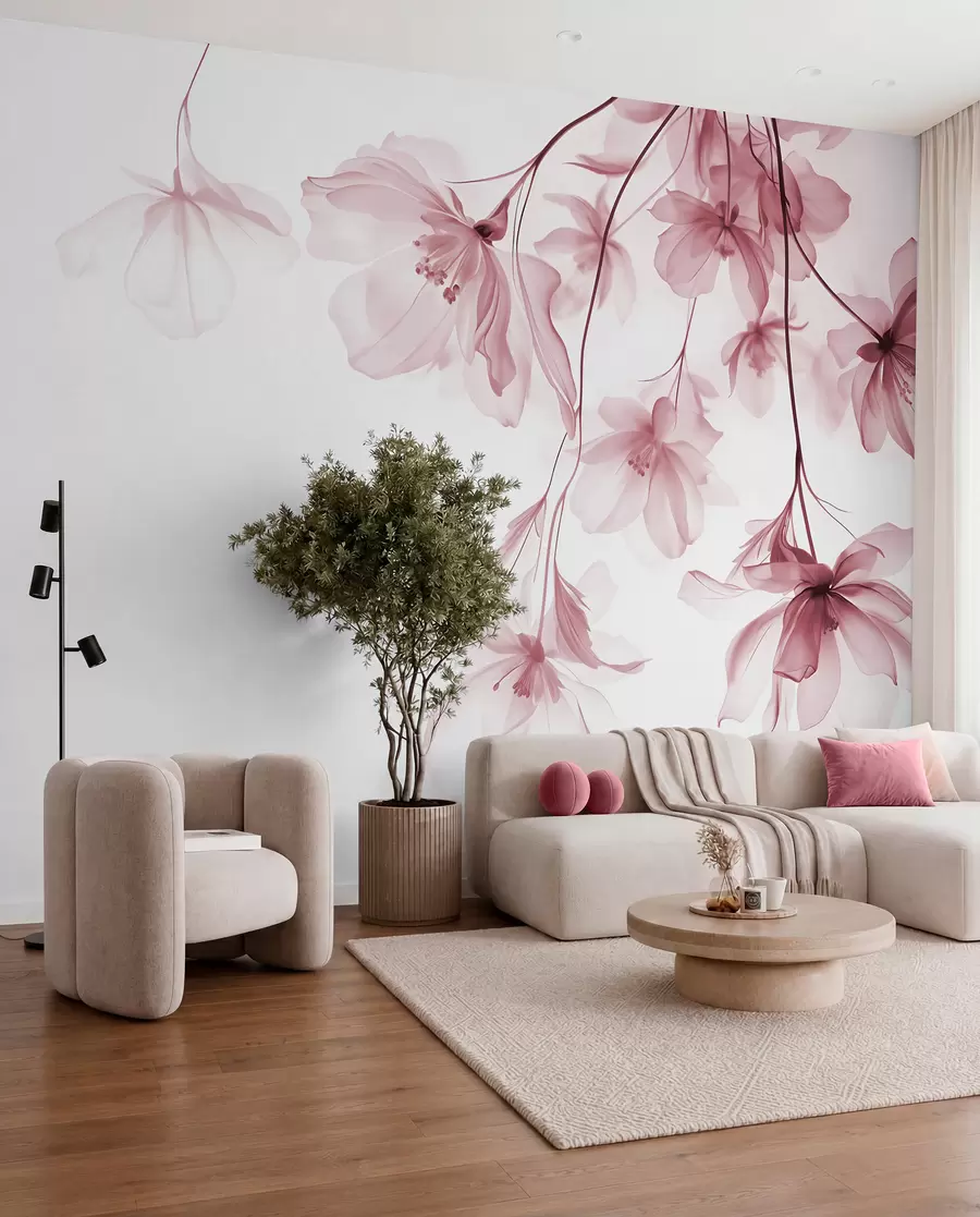 murales Flores rosas con pétalos translúcidos colgando de una rama, rosa y blanco, composición minimalista de arte moderno w08911v2