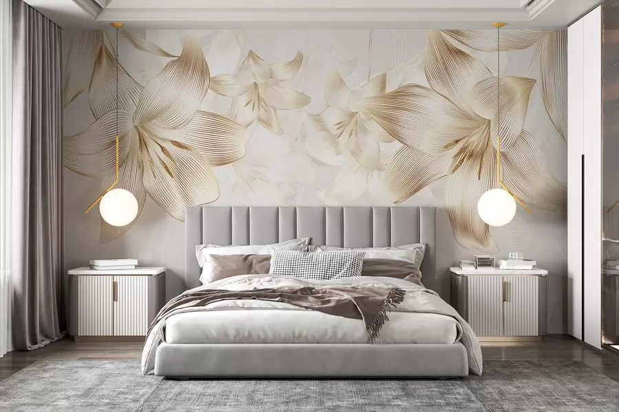 murales Lirios amarillos con intrincados detalles de líneas, elegante arreglo floral, paleta de colores neutros w08912