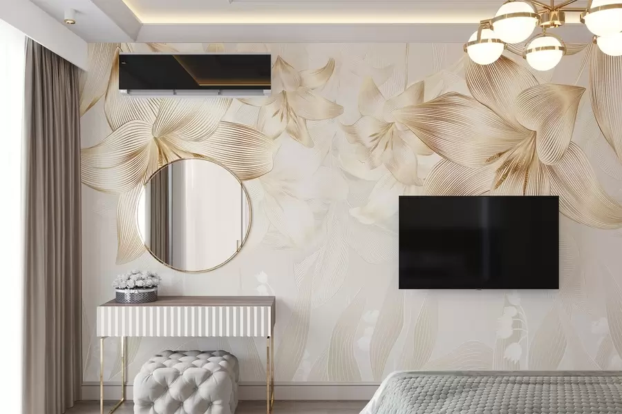 murales Lirios amarillos con intrincados detalles de líneas, elegante arreglo floral, paleta de colores neutros w08912