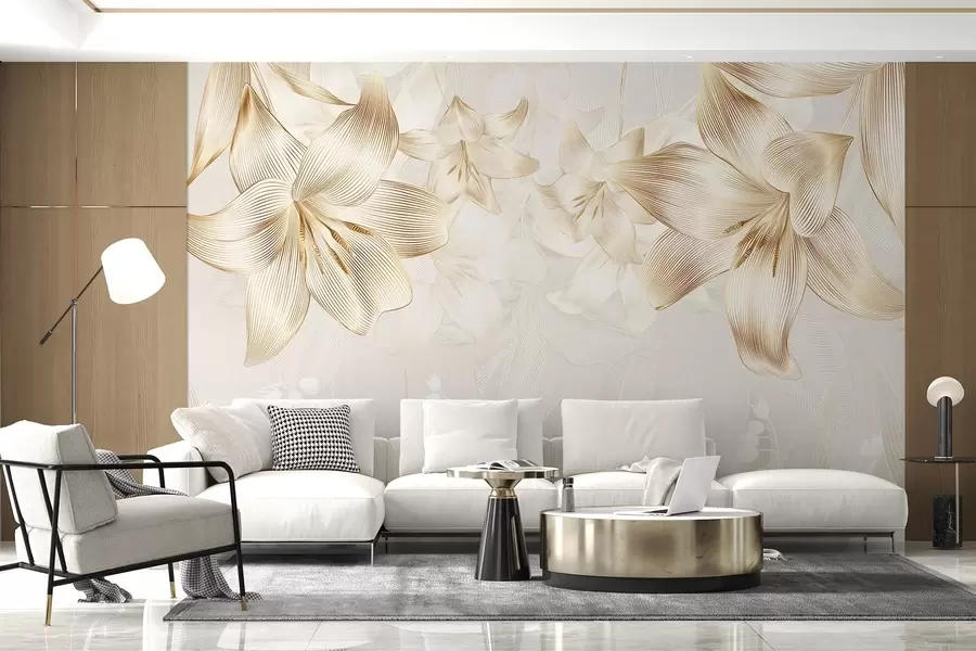 murales Lirios amarillos con intrincados detalles de líneas, elegante arreglo floral, paleta de colores neutros w08912