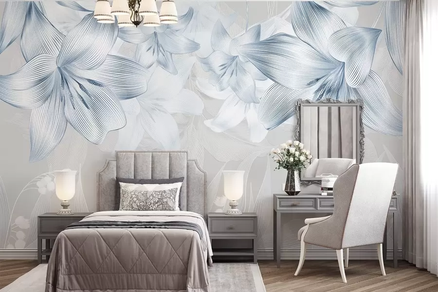 murales Lirios azules con intrincados detalles de líneas, elegante arreglo floral, paleta de colores neutros w08912v1