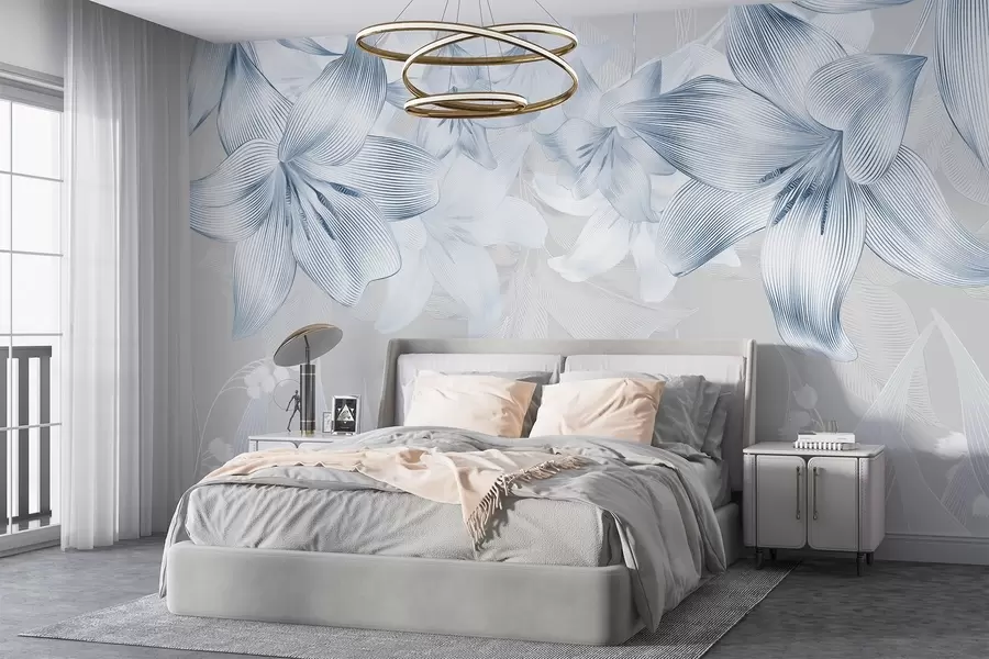 Wall Mural Photo Wallpaper Blue lilies with intricate line details, elegant floral arrangement, neutral color palette w08912v1