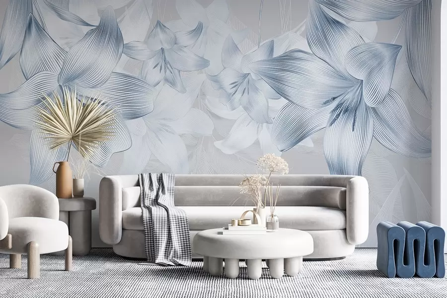 Wall Mural Photo Wallpaper Blue lilies with intricate line details, elegant floral arrangement, neutral color palette w08912v1
