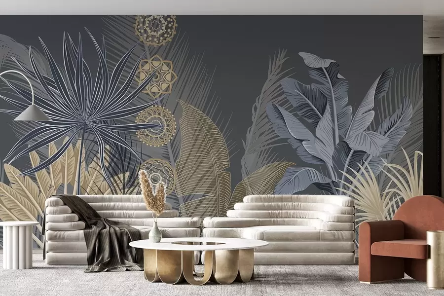 murales Hojas tropicales en tonos azules y marrones, hojas de palmera, hojas de plátano y adornos de mandala, fondo oscuro w08913