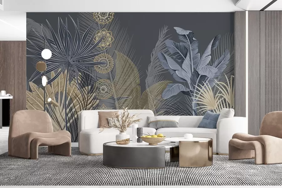 Wall Mural Photo Wallpaper Tropical leaves in blue and brown tones, palm leaves, banana leaves and mandala ornaments, dark background w08913