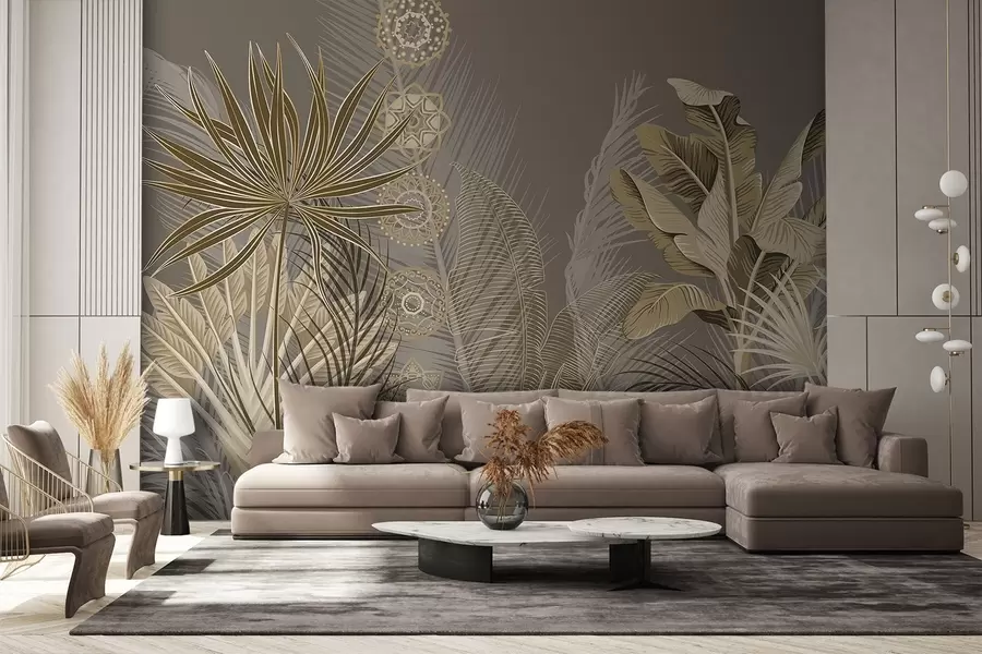 murales Hojas tropicales en tonos beige y marrón, hojas de palmera, hojas de plátano y adornos de mandala, fondo oscuro w08913v1