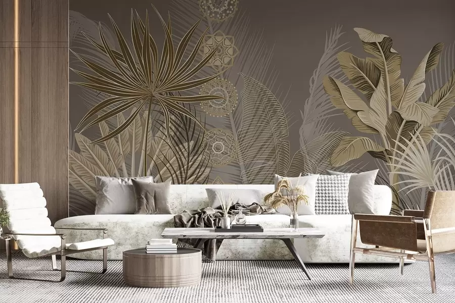 murales Hojas tropicales en tonos beige y marrón, hojas de palmera, hojas de plátano y adornos de mandala, fondo oscuro w08913v1