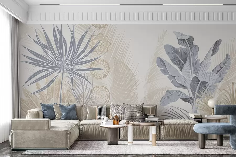 peintures murales Feuilles tropicales dans les tons bleu et beige, feuilles de palmier, feuilles de bananier et ornements de mandala, fond clair w08913v2