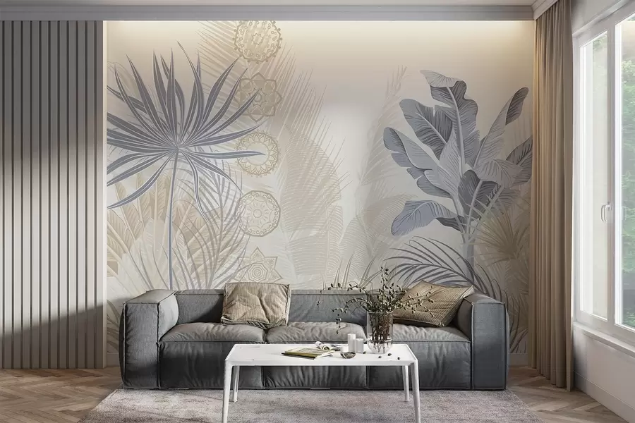 Wall Mural Photo Wallpaper Tropical leaves in blue and beige tones, palm leaves, banana leaves and mandala ornaments, light background w08913v2