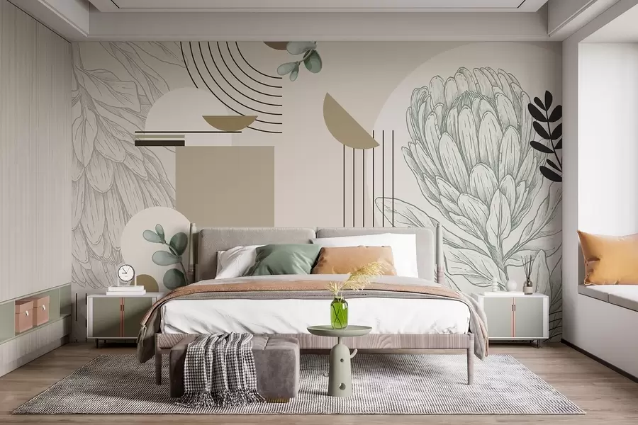 murales Estampado botánico abstracto con flor de protea, hojas de eucalipto, formas geométricas en estilo minimalista, colores pastel w08914