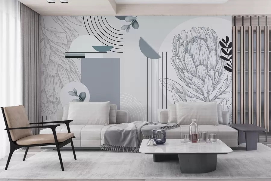 wall murals Abstract botanical print with protea flower, eucalyptus leaves, geometric shapes in a minimalist style, pastel colors w08914v1