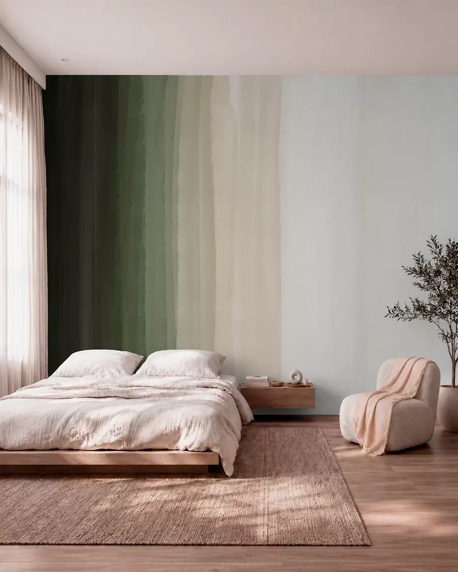 Wall Mural Photo Wallpaper Abstract minimalistic gradient print with vertical stripes of dark green, beige and white  w08915