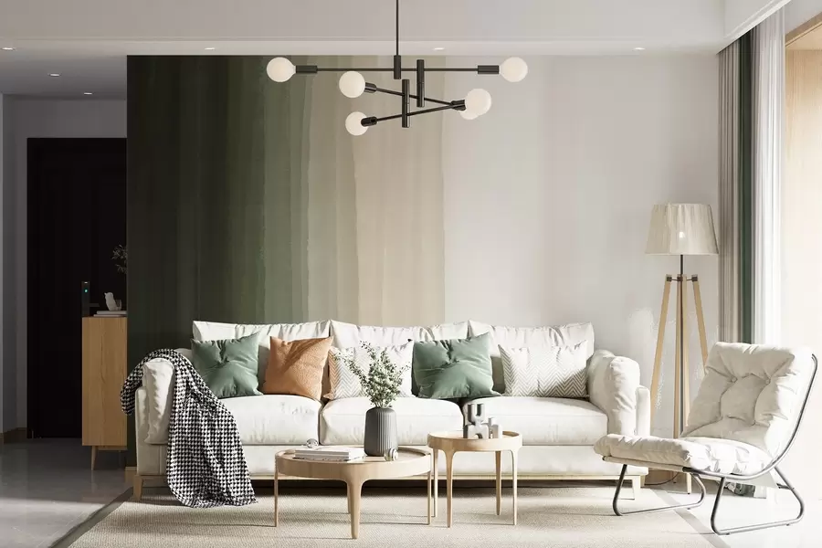 murales Estampado abstracto minimalista degradado con rayas verticales de color verde oscuro, beige y blanco w08915