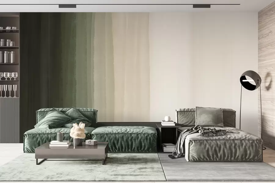 murales Estampado abstracto minimalista degradado con rayas verticales de color verde oscuro, beige y blanco w08915