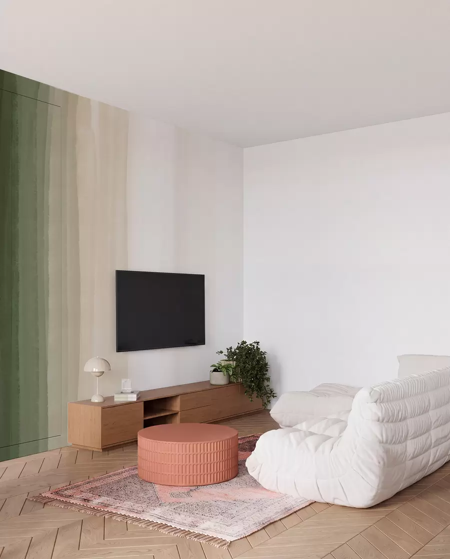 murales Estampado abstracto minimalista degradado con rayas verticales de color verde oscuro, beige y blanco w08915
