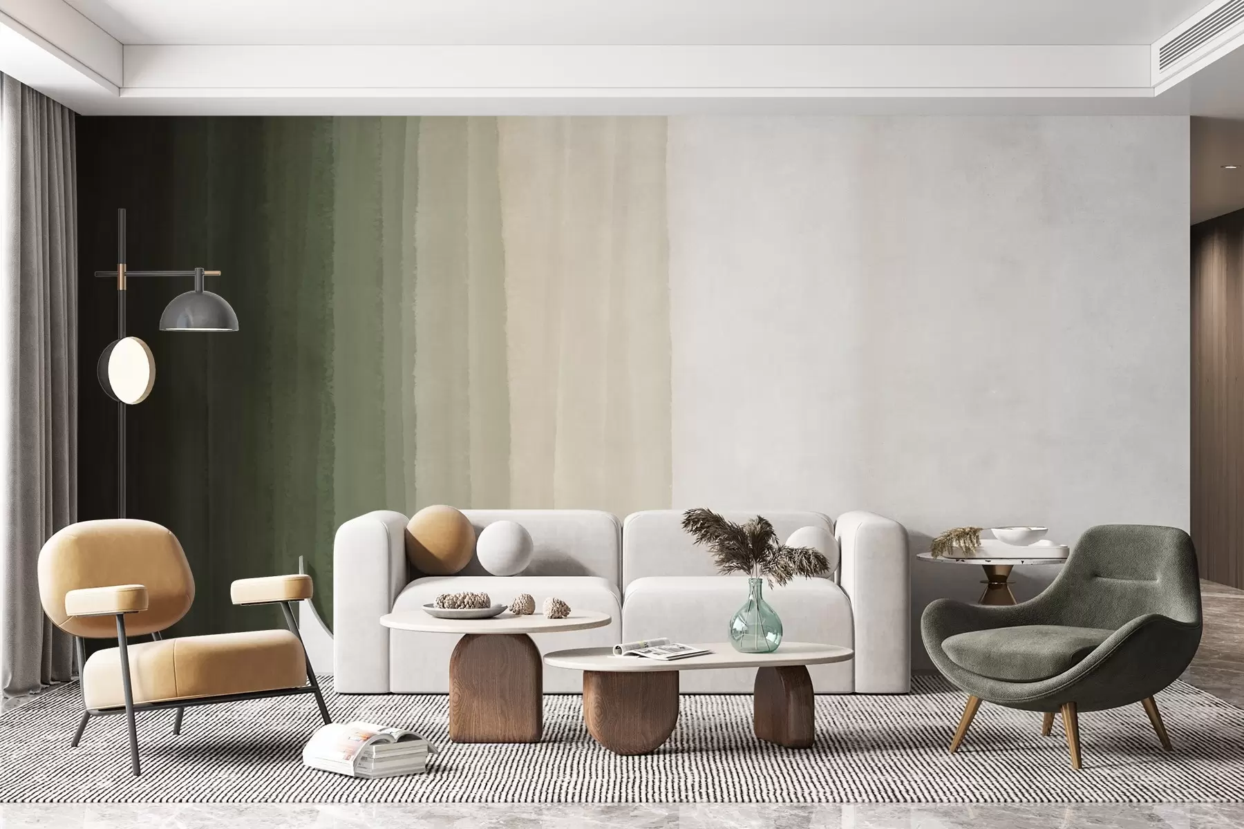 Wall Mural Photo Wallpaper Abstract minimalistic gradient print with vertical stripes of dark green, beige and white  w08915