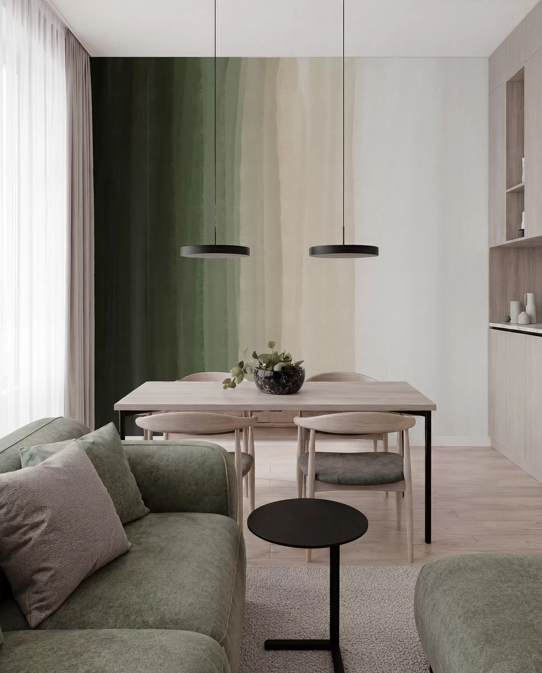 Wall Mural Photo Wallpaper Abstract minimalistic gradient print with vertical stripes of dark green, beige and white  w08915