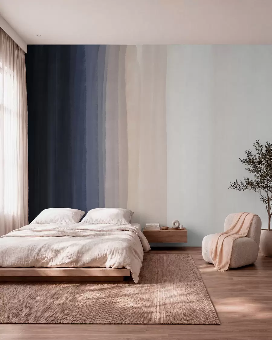 wall murals Abstract minimalistic gradient print with vertical stripes of dark blue, light peach and white w08915v1