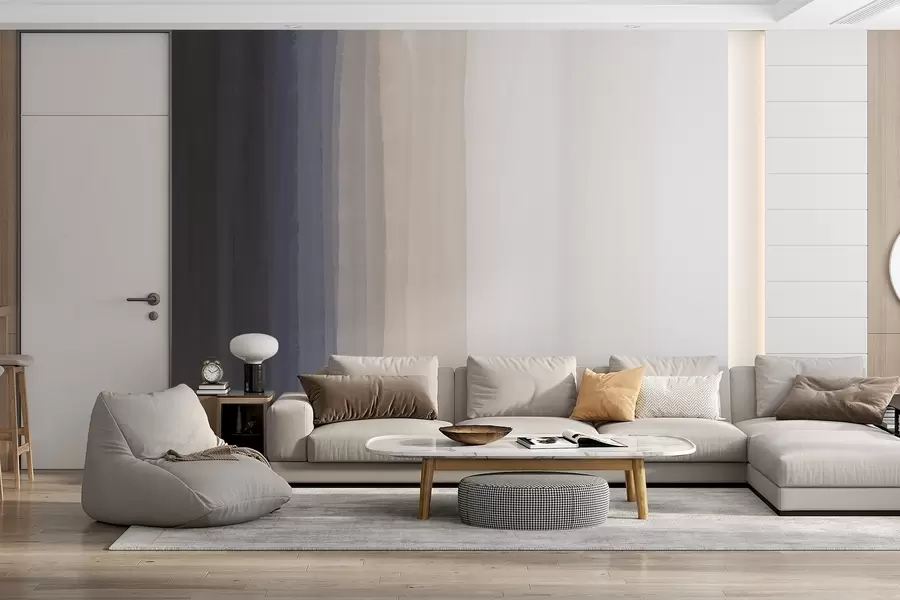 peintures murales Impression abstraite minimaliste en dégradé avec des bandes verticales de bleu foncé, de pêche claire et de blanc w08915v1