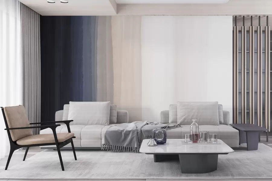 wall murals Abstract minimalistic gradient print with vertical stripes of dark blue, light peach and white w08915v1