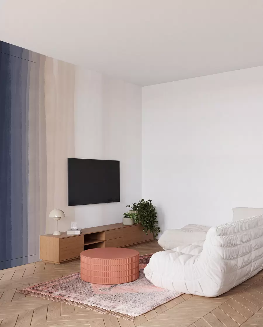 wall murals Abstract minimalistic gradient print with vertical stripes of dark blue, light peach and white w08915v1