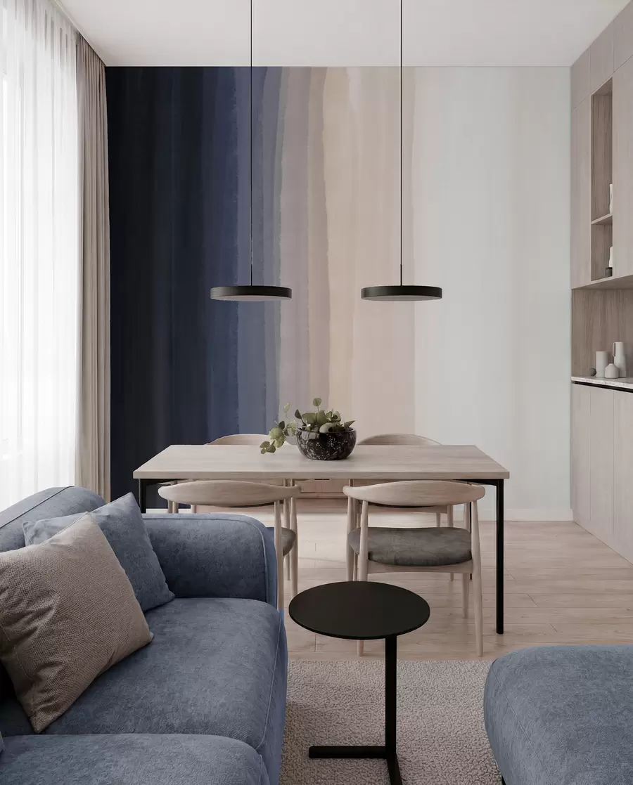 wall murals Abstract minimalistic gradient print with vertical stripes of dark blue, light peach and white w08915v1