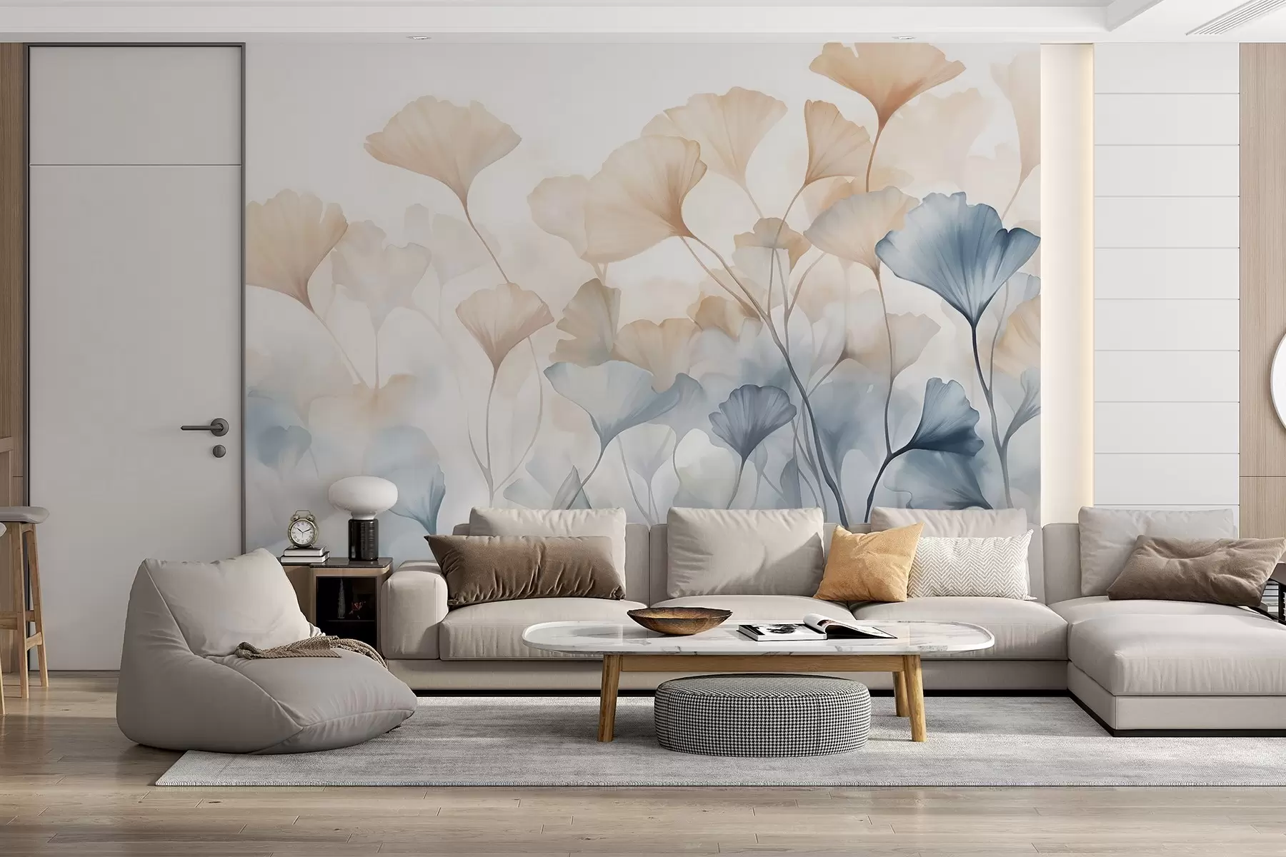 peintures murales Feuilles de ginkgo en aquarelle bleue et orange, pétales translucides, tiges délicates, palette de couleurs douces w08917
