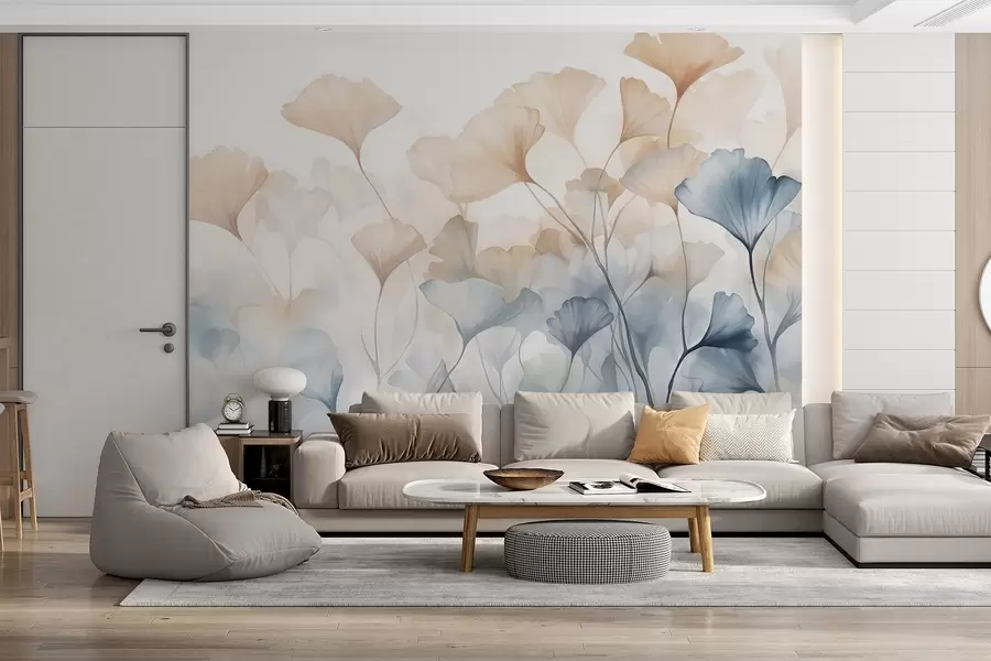 Wall Mural Photo Wallpaper Ginkgo leaves in blue and orange watercolor, translucent petals, delicate stems, soft color palette w08917