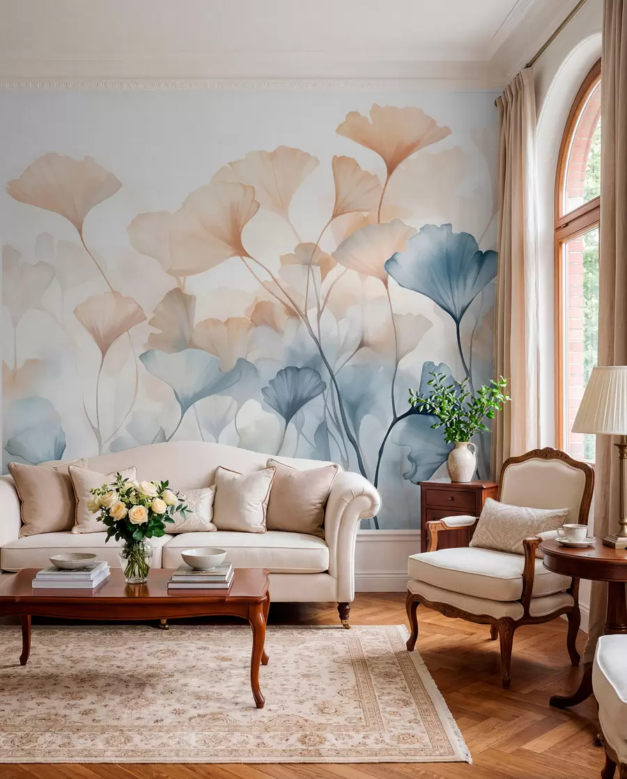 peintures murales Feuilles de ginkgo en aquarelle bleue et orange, pétales translucides, tiges délicates, palette de couleurs douces w08917